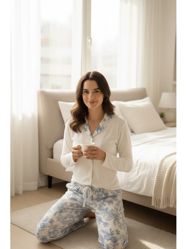 Mavi Desenli Düğmeli Kadın Pijama Takımı