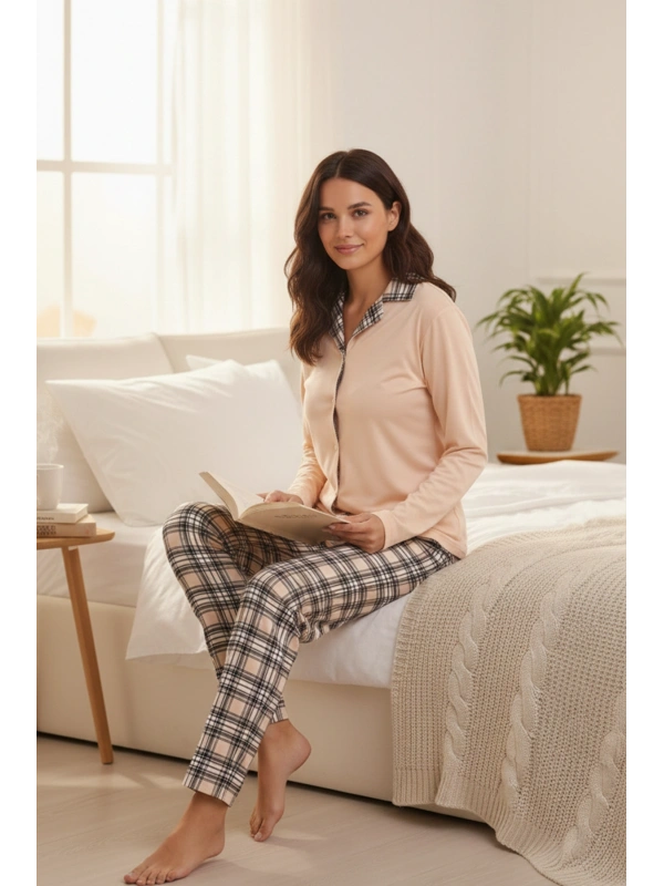 Somon Ekose Desenli Pijama Takımı Cepli ve Bağcıklı Bel Düğmeli Yaka