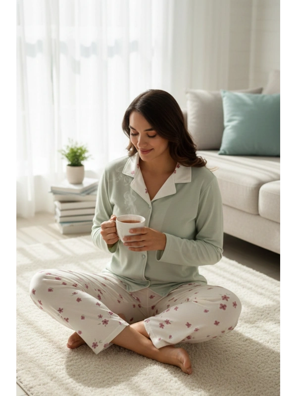 Kadın Çağla Yeşili Çiçek Desenli Düğmeli Yaka Pijama Takımı