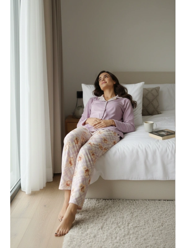 Kadın Lila Ayıcık Desenli Düğmeli Yaka Pijama Takımı - 7