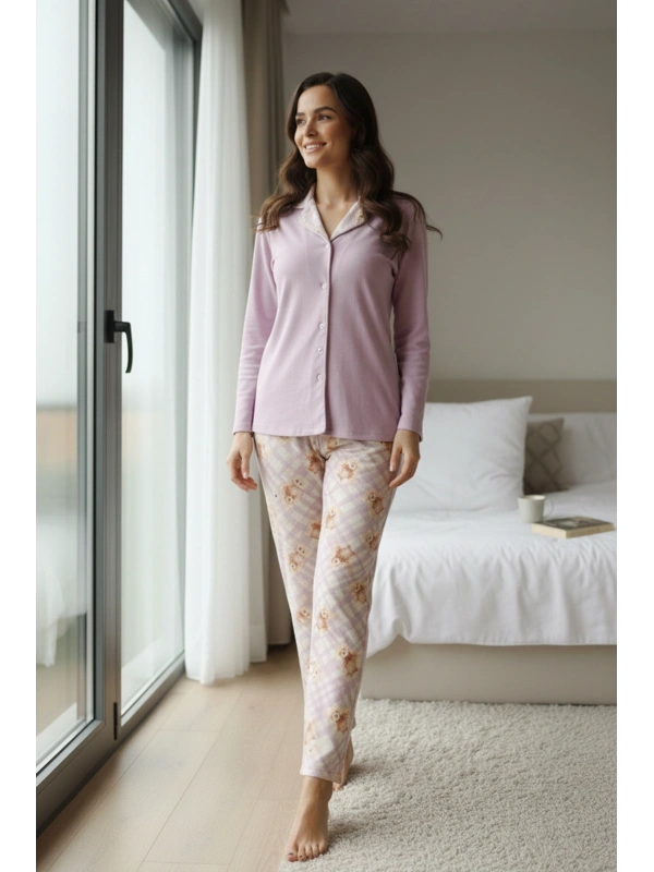 Kadın Lila Ayıcık Desenli Düğmeli Yaka Pijama Takımı - 7