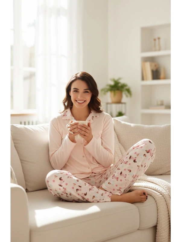 Kadın Yavruağzı Leopar Desenli Düğmeli Yaka Pijama Takımı - 3