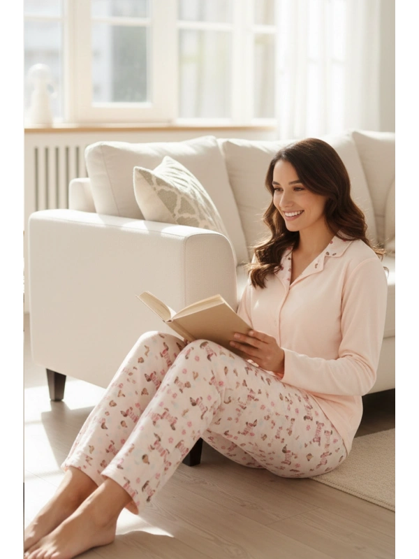 Kadın Yavruağzı Leopar Desenli Düğmeli Yaka Pijama Takımı - 3