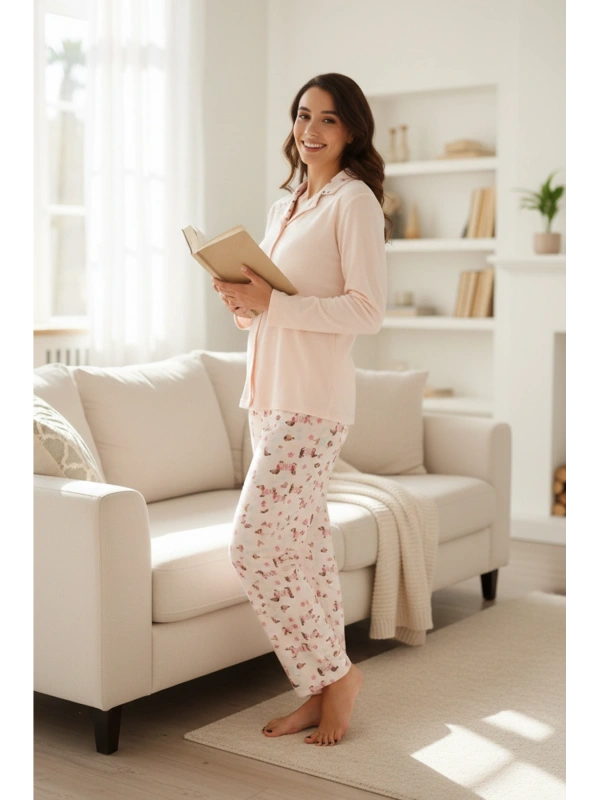 Kadın Yavruağzı Leopar Desenli Düğmeli Yaka Pijama Takımı - 3