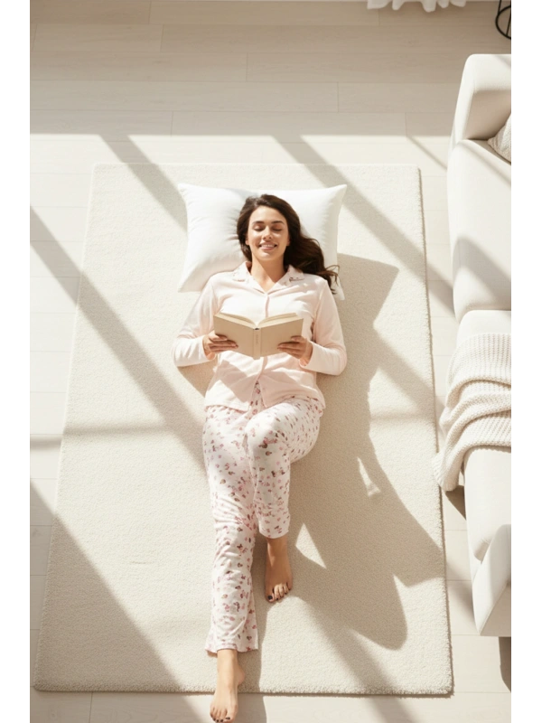 Kadın Yavruağzı Leopar Desenli Düğmeli Yaka Pijama Takımı - 3