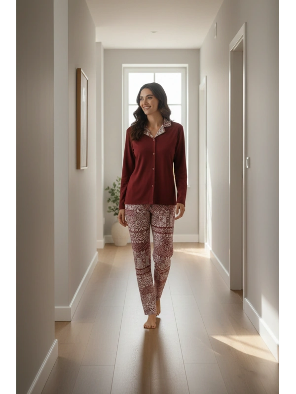 Kadın Bordo Etnik Desenli Cepli ve Bağcıklı Bel Pijama Takımı - 15