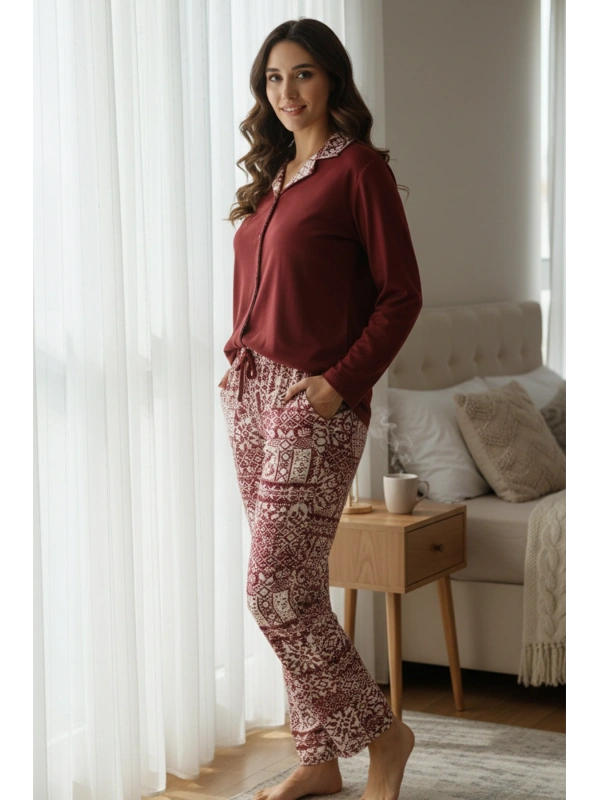 Kadın Bordo Etnik Desenli Cepli ve Bağcıklı Bel Pijama Takımı - 15