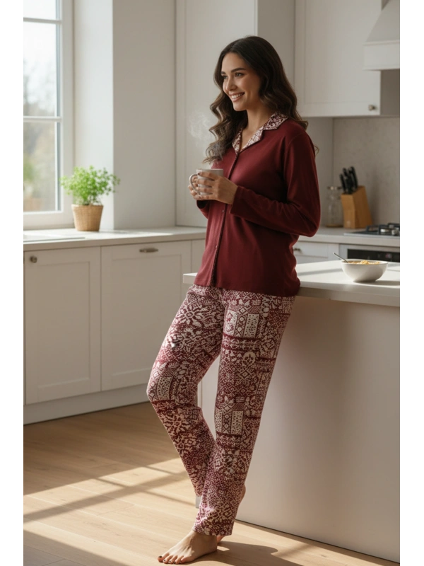 Kadın Bordo Etnik Desenli Cepli ve Bağcıklı Bel Pijama Takımı - 15