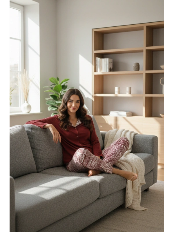 Kadın Bordo Etnik Desenli Cepli ve Bağcıklı Bel Pijama Takımı - 15