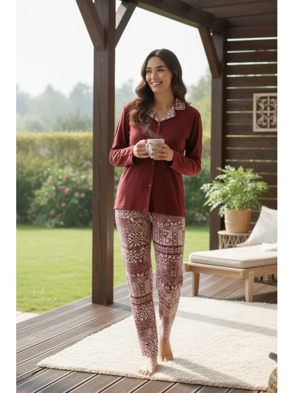 Kadın Bordo Etnik Desenli Cepli ve Bağcıklı Bel Pijama Takımı - 15
