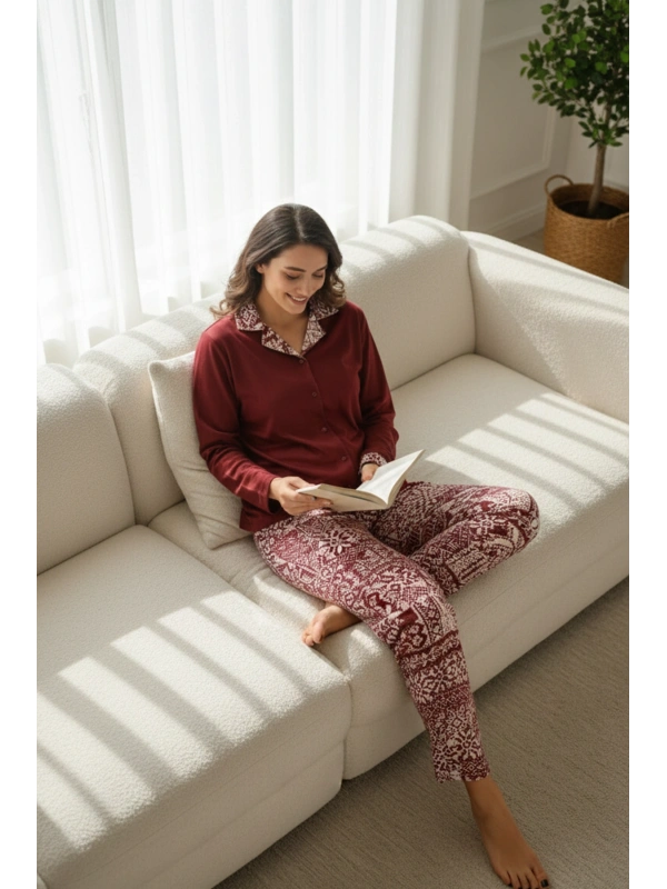 Kadın Bordo Etnik Desenli Cepli ve Bağcıklı Bel Pijama Takımı - 15