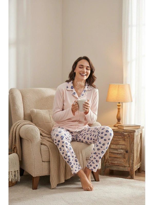 Kadın Bordo Etnik Desenli Düğmeli Cepli Pijama Takımı -17