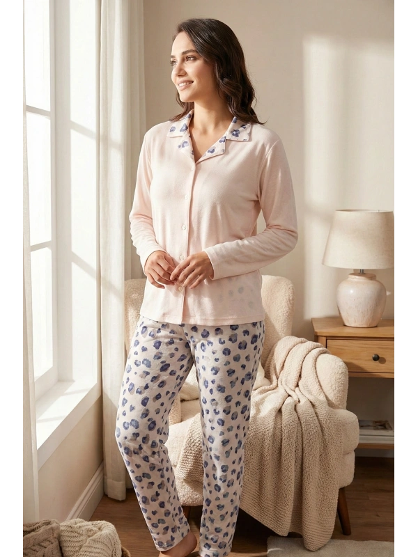 Kadın Bordo Etnik Desenli Düğmeli Cepli Pijama Takımı -17