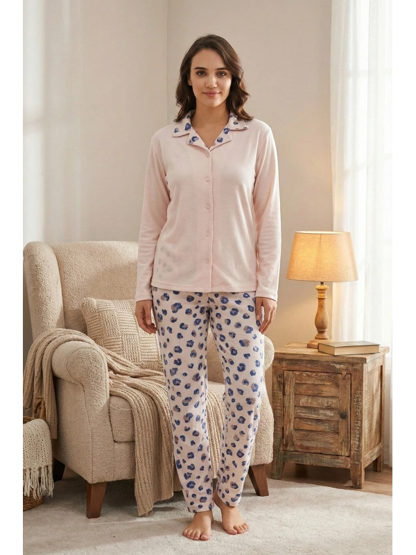 Kadın Bordo Etnik Desenli Düğmeli Cepli Pijama Takımı -17