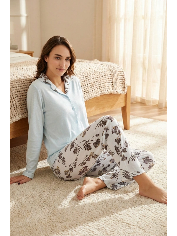 Kadın Uzun Kollu Düğmeli Çiçek Desenli Pijama Takımı - 5