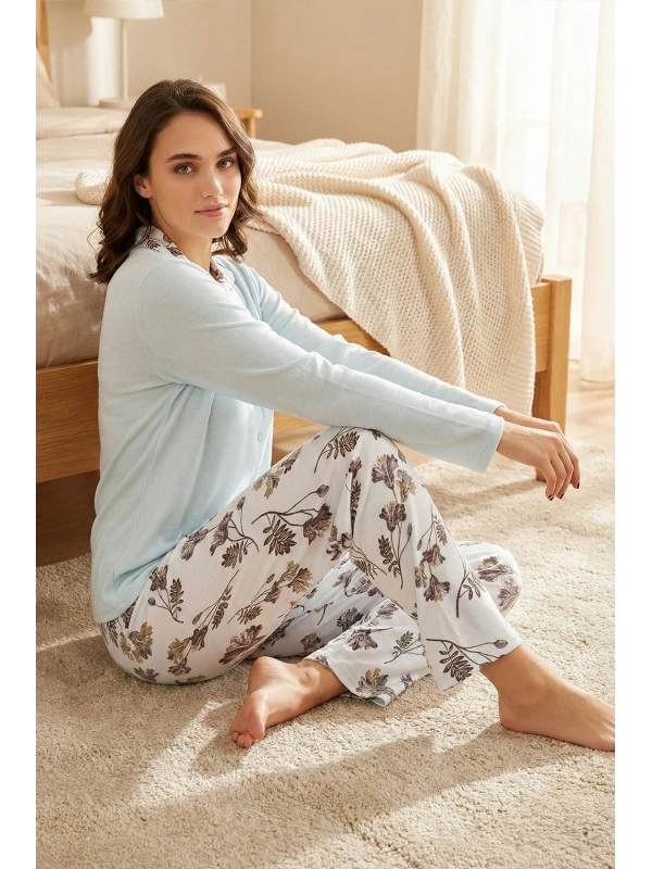 Kadın Uzun Kollu Düğmeli Çiçek Desenli Pijama Takımı - 5