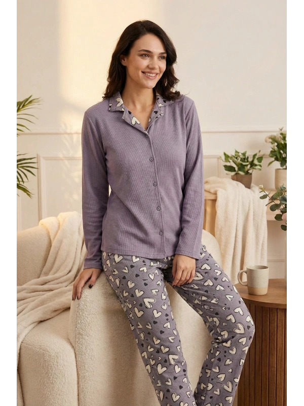 Kadın Lila Kalp Desenli Waffle Pijama Takımı -8