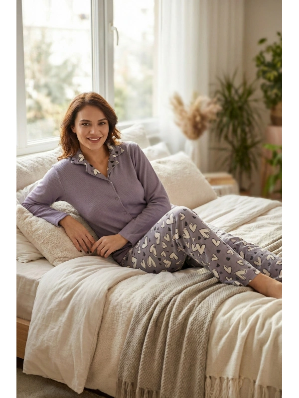 Kadın Lila Kalp Desenli Waffle Pijama Takımı -8