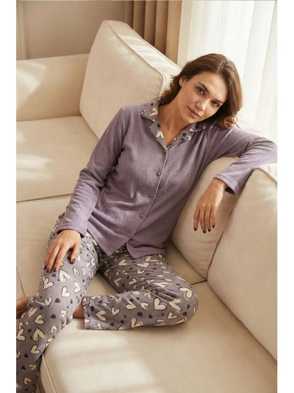 Kadın Lila Kalp Desenli Waffle Pijama Takımı -8