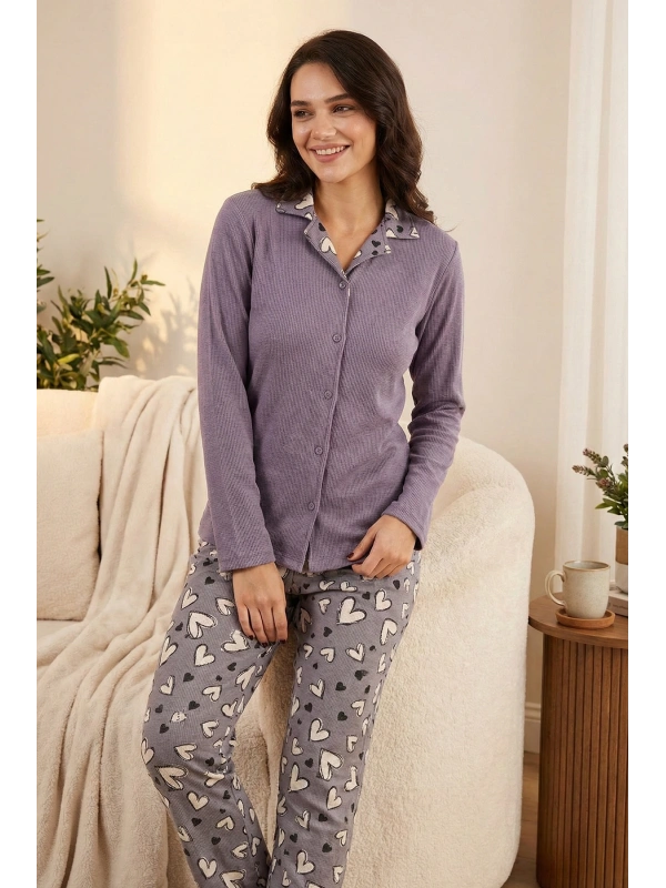 Kadın Lila Kalp Desenli Waffle Pijama Takımı -8