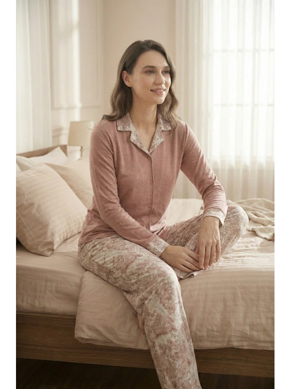 Kadın Gül Kurusu Şal Desenli Düğmeli Pijama Takımı - 19