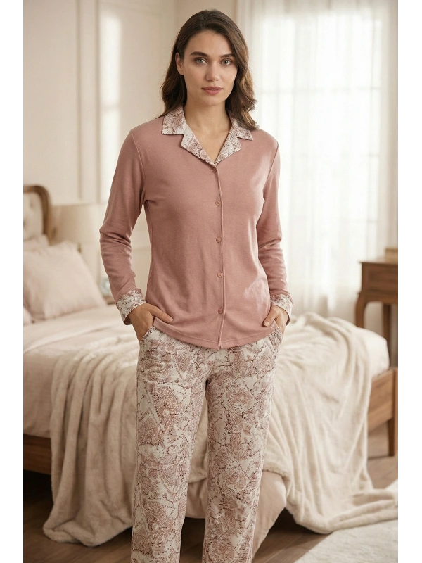 Kadın Gül Kurusu Şal Desenli Düğmeli Pijama Takımı - 19