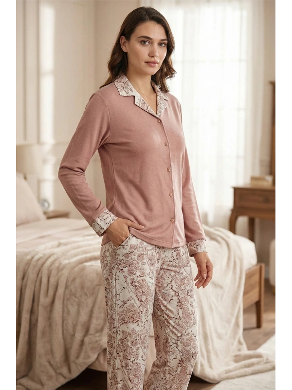 Kadın Gül Kurusu Şal Desenli Düğmeli Pijama Takımı - 19