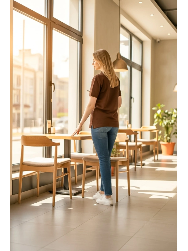 Nakış Detaylı Kahverengi Polo Yaka Kadın Tişört