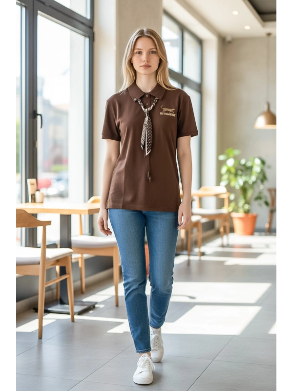 Nakış Detaylı Kahverengi Polo Yaka Kadın Tişört
