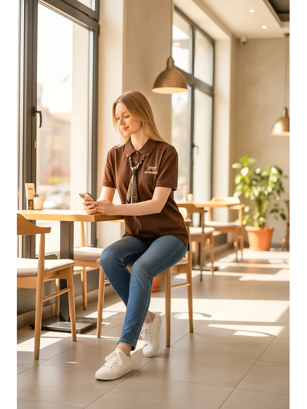 Nakış Detaylı Kahverengi Polo Yaka Kadın Tişört