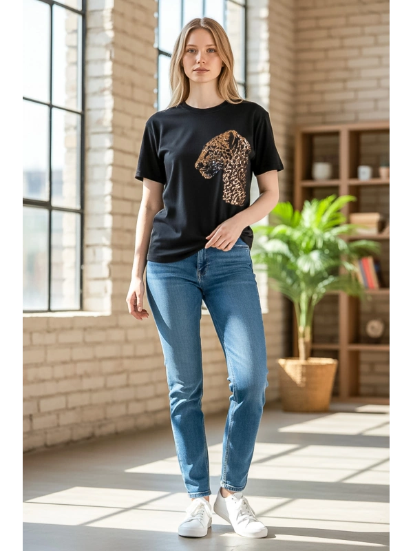 Sheenza Kadın Siyah Leopar Payet Nakışlı Tişört