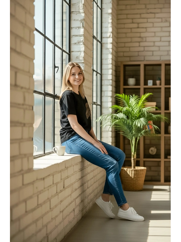 Sheenza Kadın Siyah Leopar Payet Nakışlı Tişört