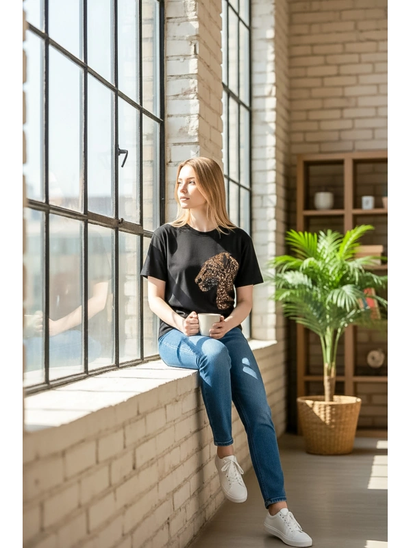 Sheenza Kadın Siyah Leopar Payet Nakışlı Tişört