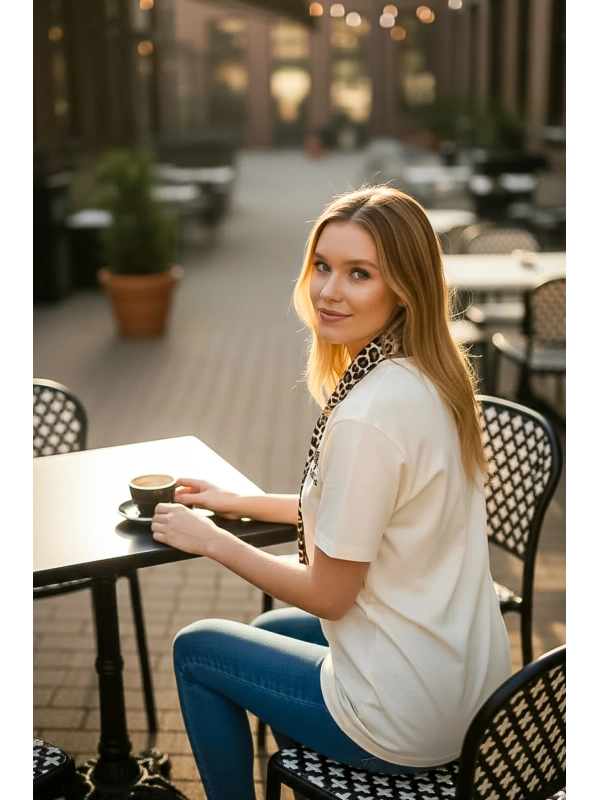 Sheenza Kadın Leopar Fular Detaylı Oversize Tişört