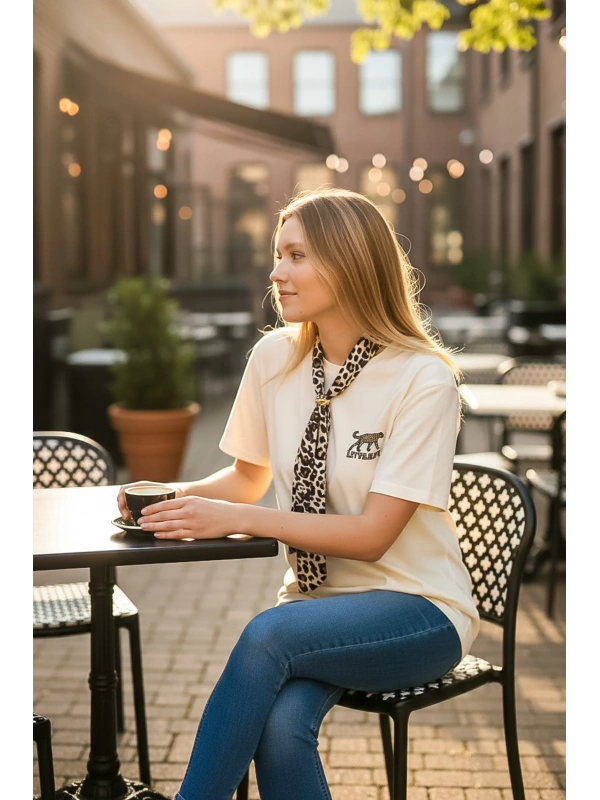 Sheenza Kadın Leopar Fular Detaylı Oversize Tişört