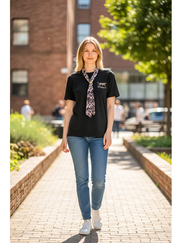 Sheenza Kadın Leopar Fular Detaylı Oversize Tişört