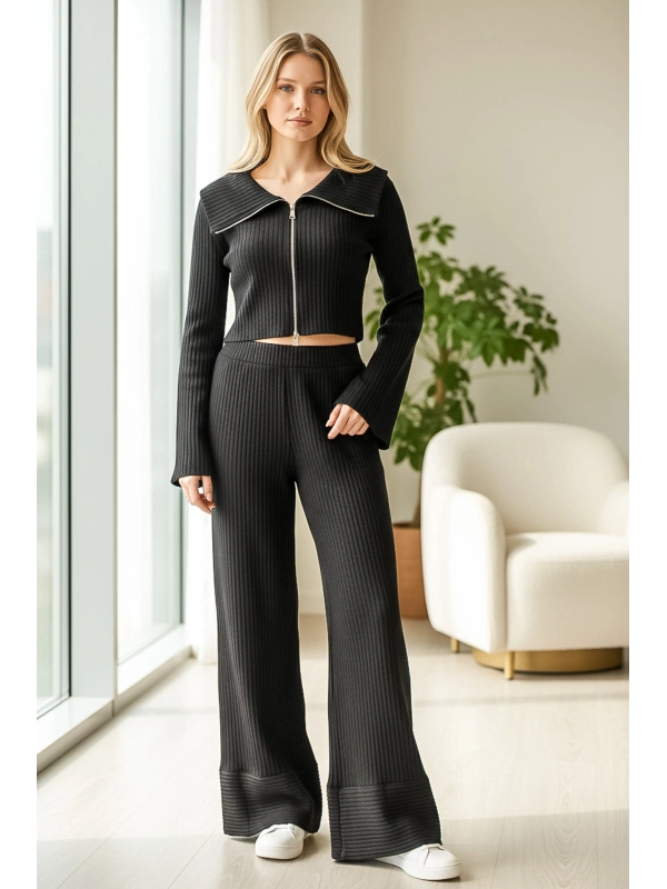 Fermuarlı Crop Triko & Bol Paça Pantolon Seti – Siyah