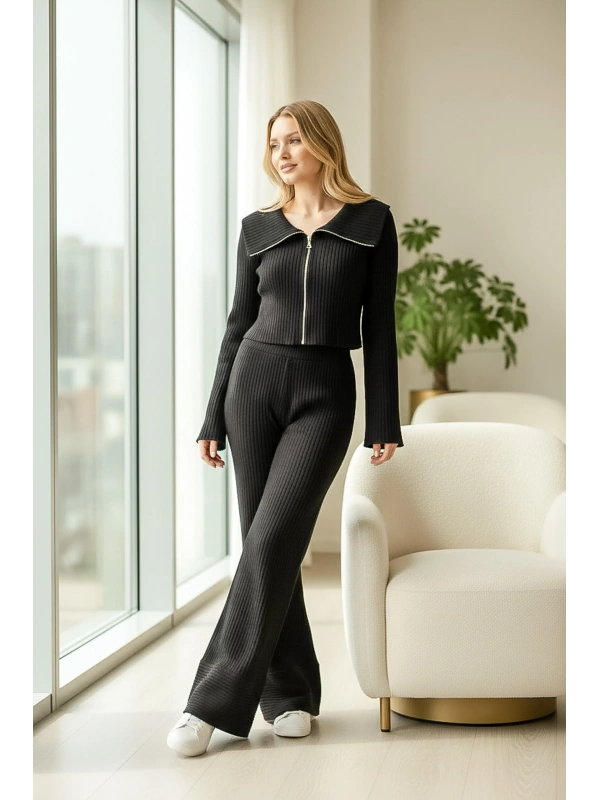 Fermuarlı Crop Triko & Bol Paça Pantolon Seti – Siyah