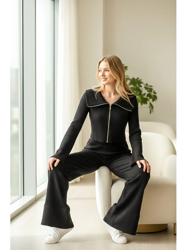 Fermuarlı Crop Triko & Bol Paça Pantolon Seti – Siyah