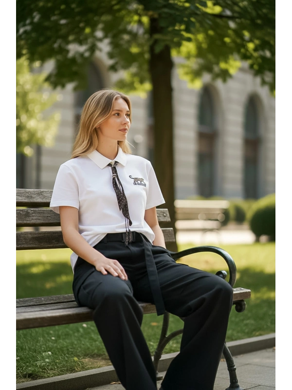 Sheenza Nakış Detaylı Beyaz Polo Yaka Kadın Tişört