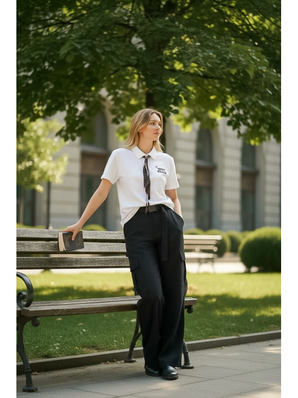 Sheenza Nakış Detaylı Beyaz Polo Yaka Kadın Tişört