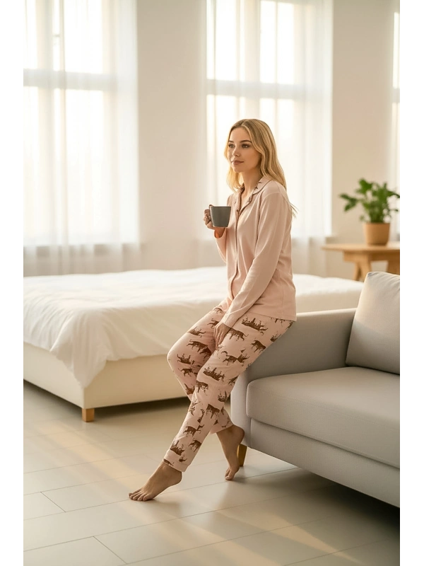 Kadın Pudra Kaplan Desenli Düğmeli Pijama Takımı -2