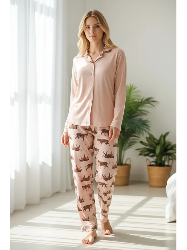 Kadın Pudra Kaplan Desenli Düğmeli Pijama Takımı -2