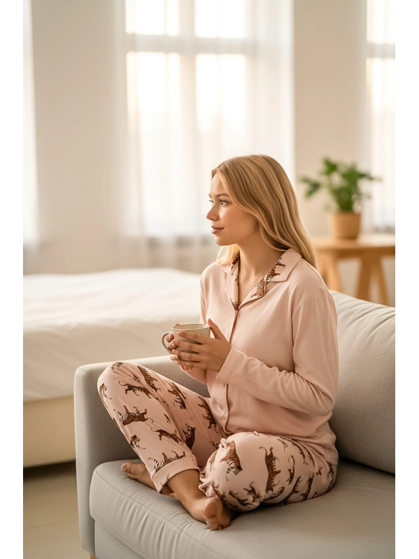 Kadın Pudra Kaplan Desenli Düğmeli Pijama Takımı -2
