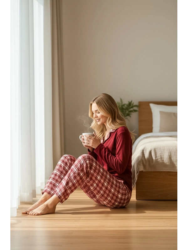 Kadın Kırmızı Ekose Waffle Pijama Takımı - 12