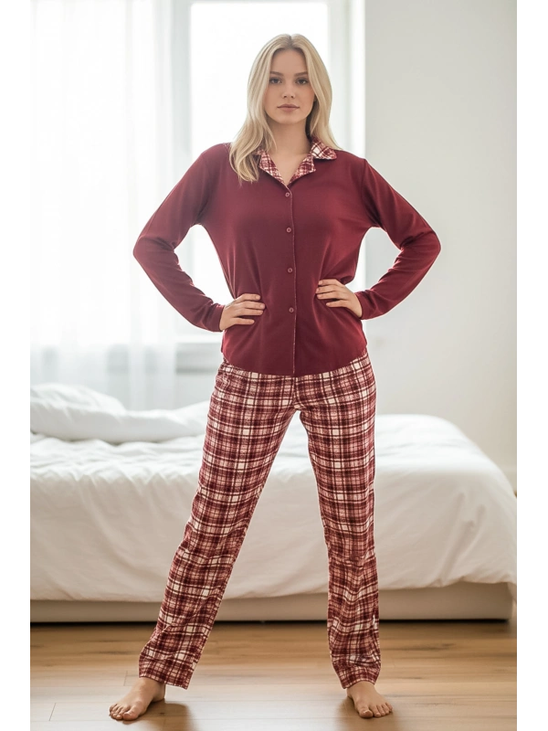 Kadın Kırmızı Ekose Waffle Pijama Takımı - 12