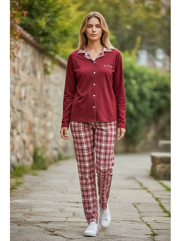 Kadın Kırmızı Ekose Waffle Pijama Takımı - 12
