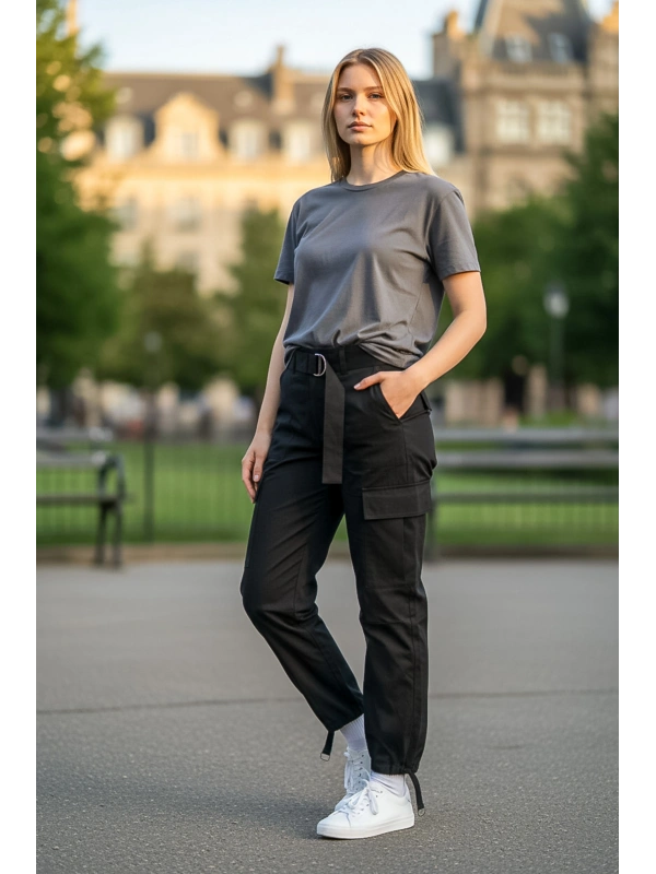 Sheenza Kadın Siyah Kargo Jogger Pantolon (Kemer Detaylı)