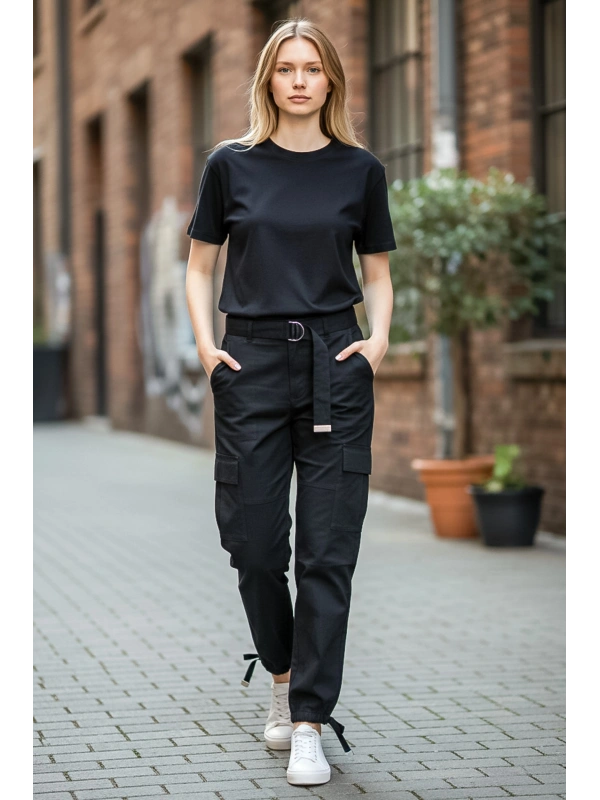 Sheenza Kadın Siyah Kargo Jogger Pantolon (Kemer Detaylı)