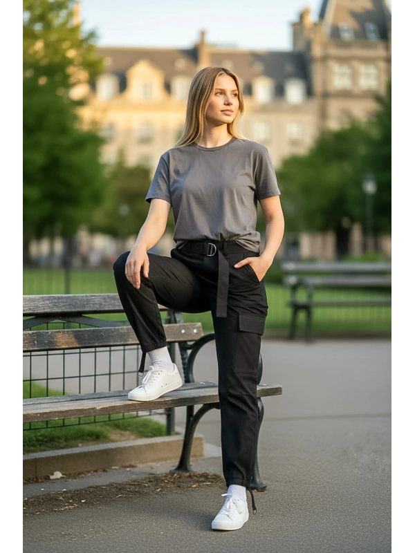Sheenza Kadın Siyah Kargo Jogger Pantolon (Kemer Detaylı)